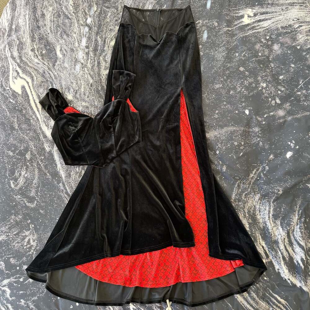 Weasel Wear Velvet Morticia Mermaid Two-Piece Crop Top Skirt Set Small